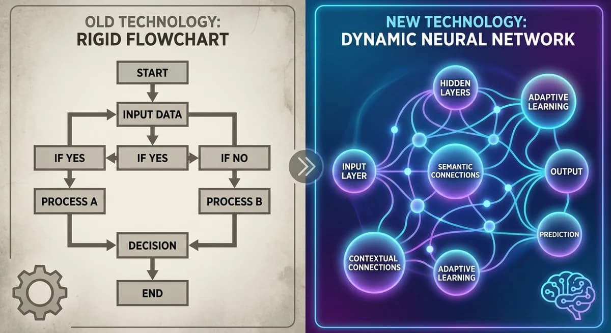 Comparison between traditional keyword-based chatbot decision trees and modern AI semantic search architecture