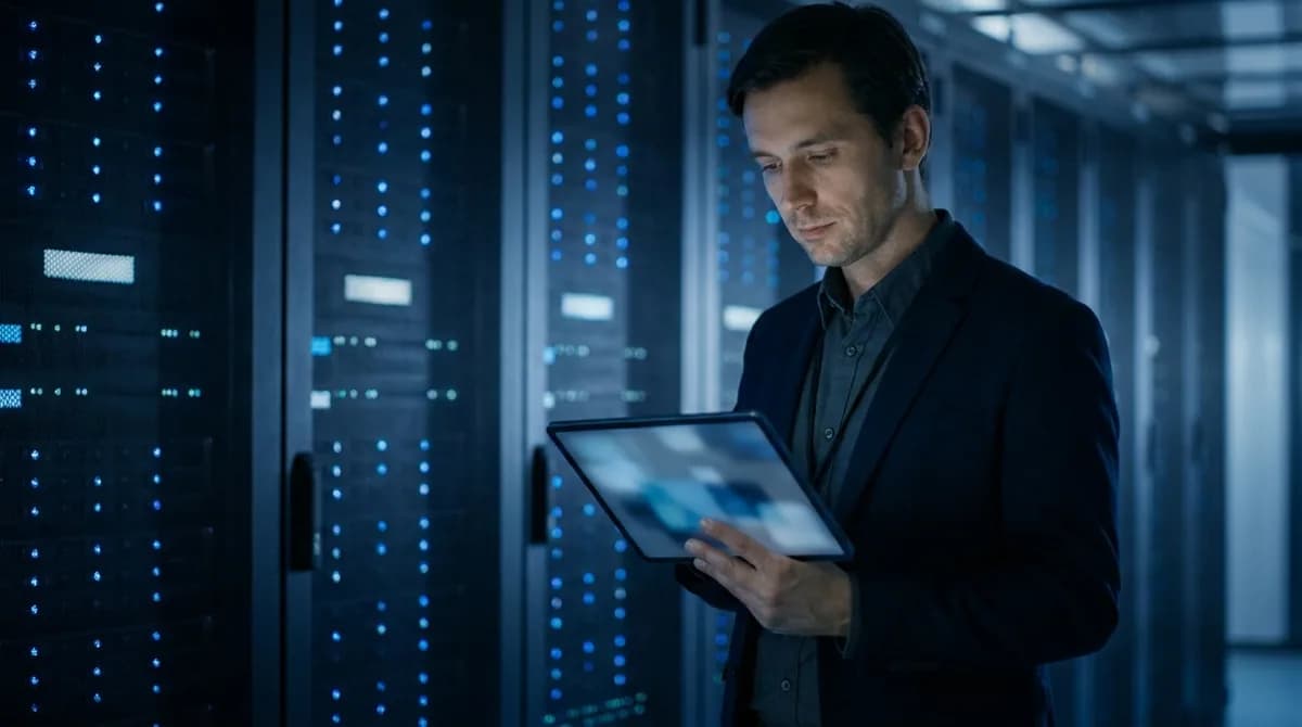 Security engineer reviewing identity and access controls in a data center - ITECS AI governance