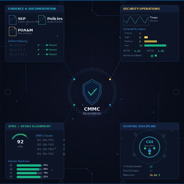 CMMC readiness program illustrating evidence documentation, security operations, SPRS alignment, and scoping discipline