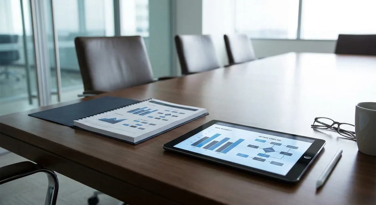 Assessment report and remediation planning materials displayed on a conference table