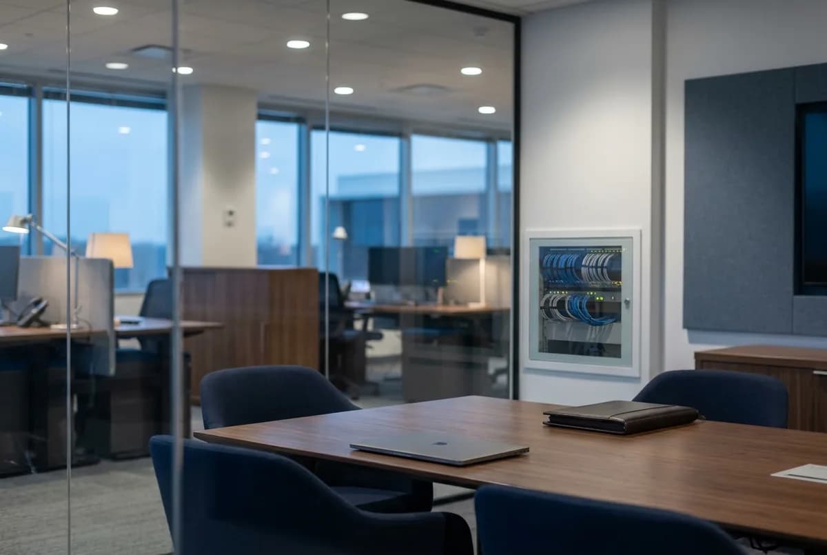 Quiet financial advisory office with a secured network cabinet, illustrating isolated cloud security