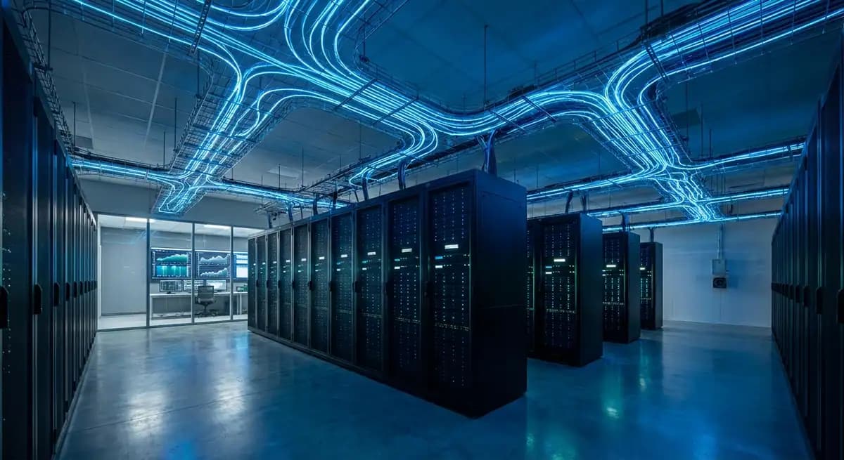 Modern cloud infrastructure data center with server racks and network connections - ITECS managed cloud hosting