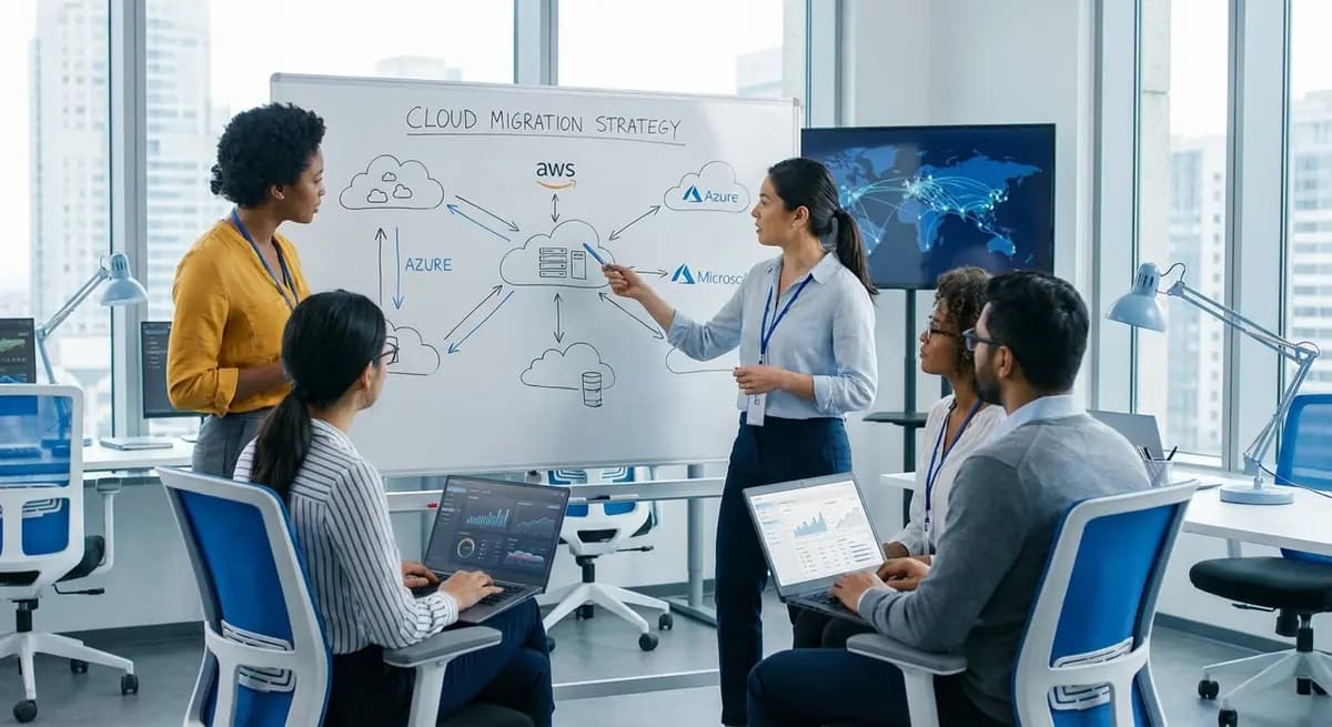 IT professionals planning cloud migration strategy with architecture diagrams - ITECS cloud migration services