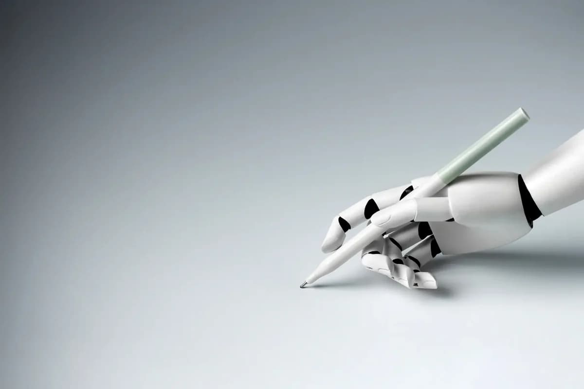 A robotic hand holding a pen, the lead image of D Magazine’s “Shaping the Future of AI in Dallas” roundtable.
