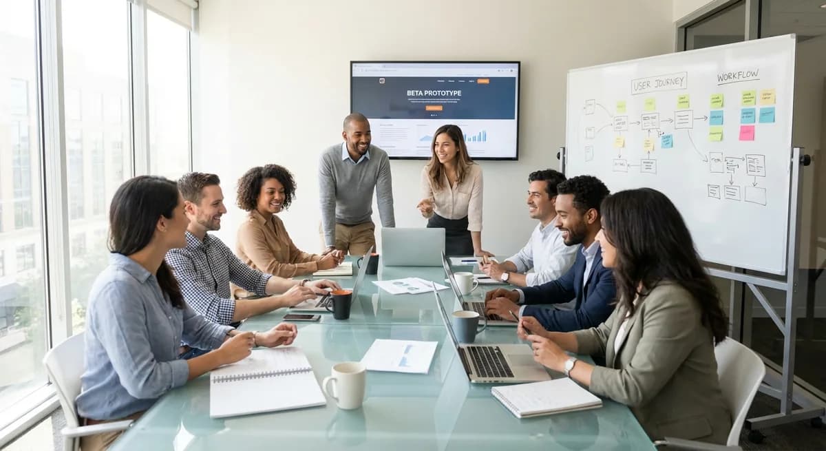 ITECS Dallas web design team reviewing wireframes and mockups in a collaborative client meeting