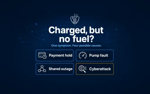 ITECS graphic: Charged, but no fuel? One symptom, four possible causes: payment hold, pump fault, shared outage or cyberattack.