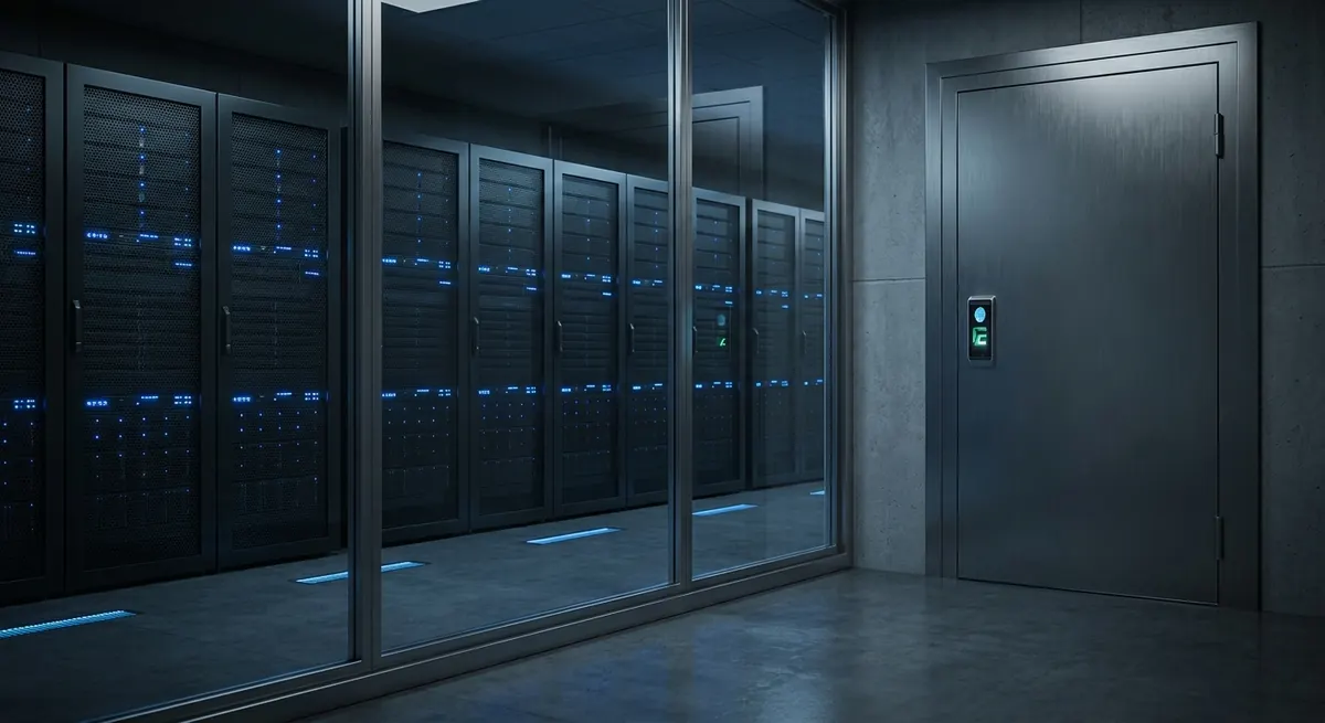 Secured server room with network racks behind a glass partition and a biometric access door, representing a controlled CUI enclave