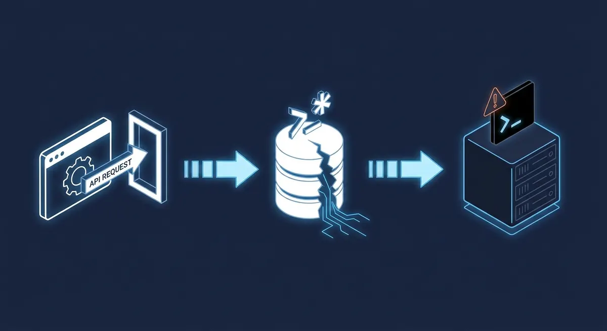 Isometric diagram of the wp2shell exploit chain from a REST API request through SQL injection to a planted webshell