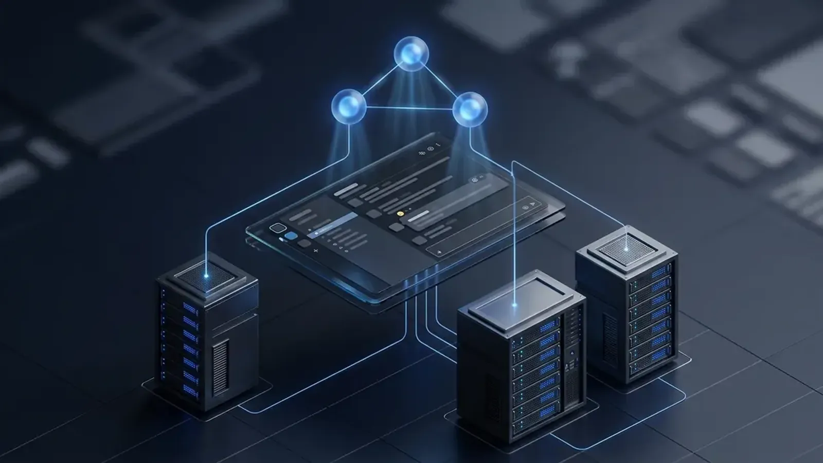 Isometric infographic of a Slack-style chat workspace as the central operating surface for three AI coding agents connected to dedicated Linux server racks below, on a dark navy background with subtle blue accent lighting