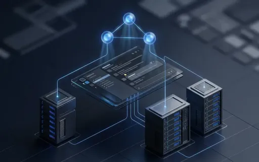 Isometric infographic of a Slack-style chat workspace as the central operating surface for three AI coding agents connected to dedicated Linux server racks below, on a dark navy background with subtle blue accent lighting