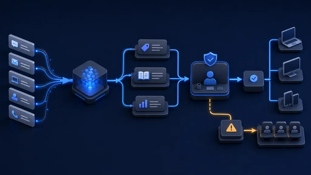 Conceptual AI-assisted help desk routing support requests through classification and knowledge suggestions to a human review gate, approved devices, or a specialist escalation queue