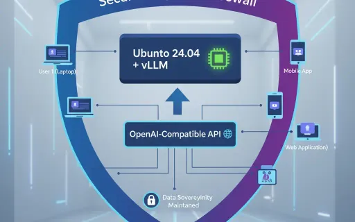 A diagram illustrating a secure, on-premises AI infrastructure, showing how vLLM on an Ubuntu 24.04 server with an NVIDIA GPU provides a high-performance, OpenAI-compatible API to internal users.