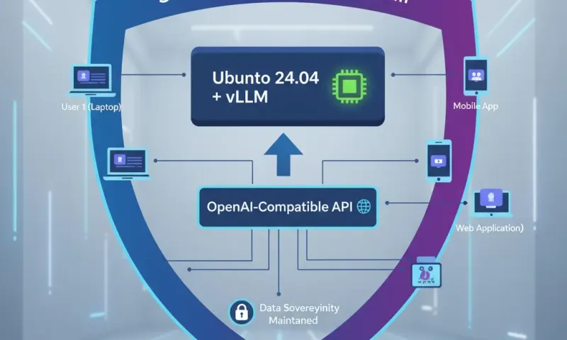 A diagram illustrating a secure, on-premises AI infrastructure, showing how vLLM on an Ubuntu 24.04 server with an NVIDIA GPU provides a high-performance, OpenAI-compatible API to internal users.