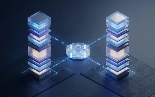 Isometric conceptual visualization of two parallel endpoint security platform pillars connected to a central client environment