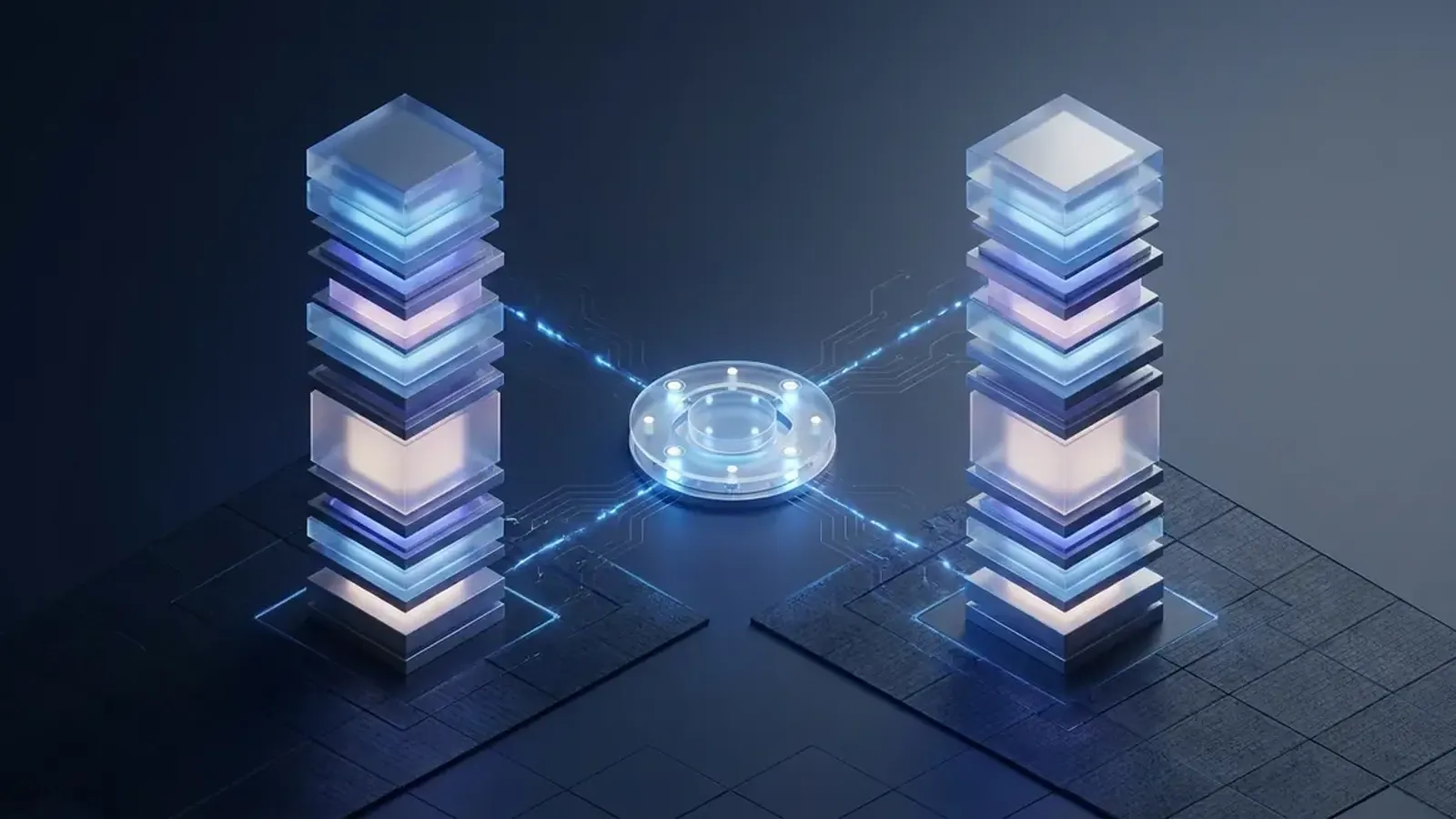 Isometric conceptual visualization of two parallel endpoint security platform pillars connected to a central client environment