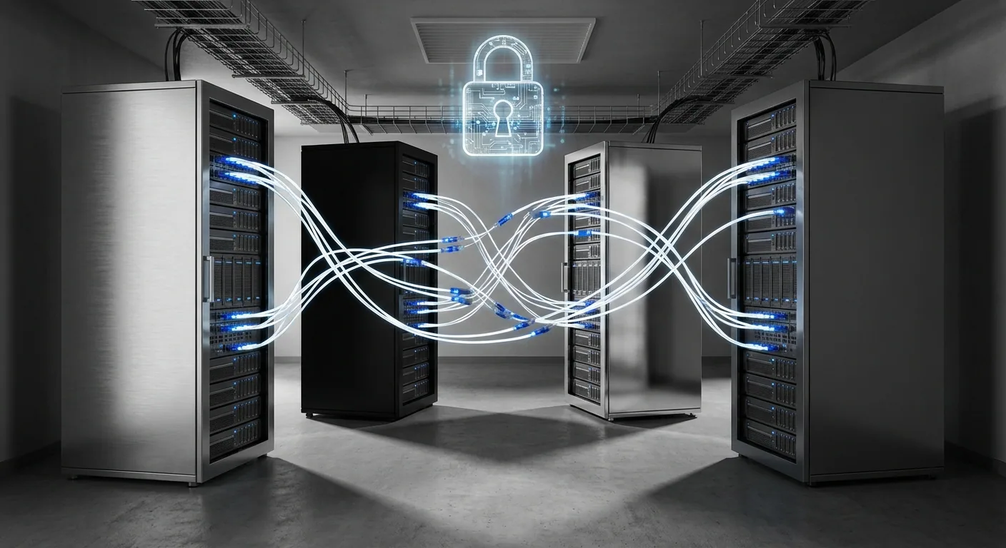 Four enterprise server racks in a modern data center connected by fiber optic cables with a digital padlock hologram representing enterprise password management security.