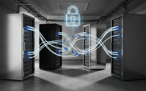 Four enterprise server racks in a modern data center connected by fiber optic cables with a digital padlock hologram representing enterprise password management security.