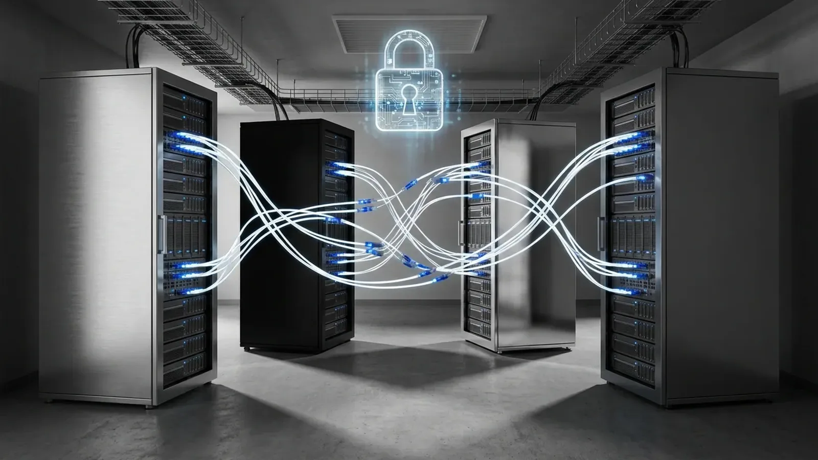 Four enterprise server racks in a modern data center connected by fiber optic cables with a digital padlock hologram representing enterprise password management security.