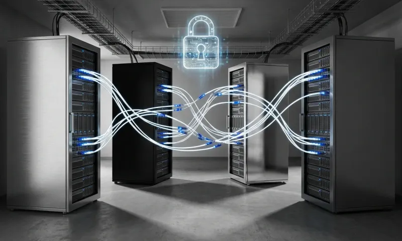 Four enterprise server racks in a modern data center connected by fiber optic cables with a digital padlock hologram representing enterprise password management security.