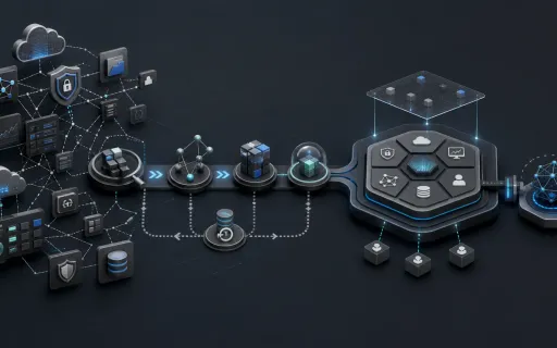 Isometric technology map showing fragmented cloud, security, monitoring, and SaaS tools moving through staged checkpoints into a governed platform with a separate specialist system