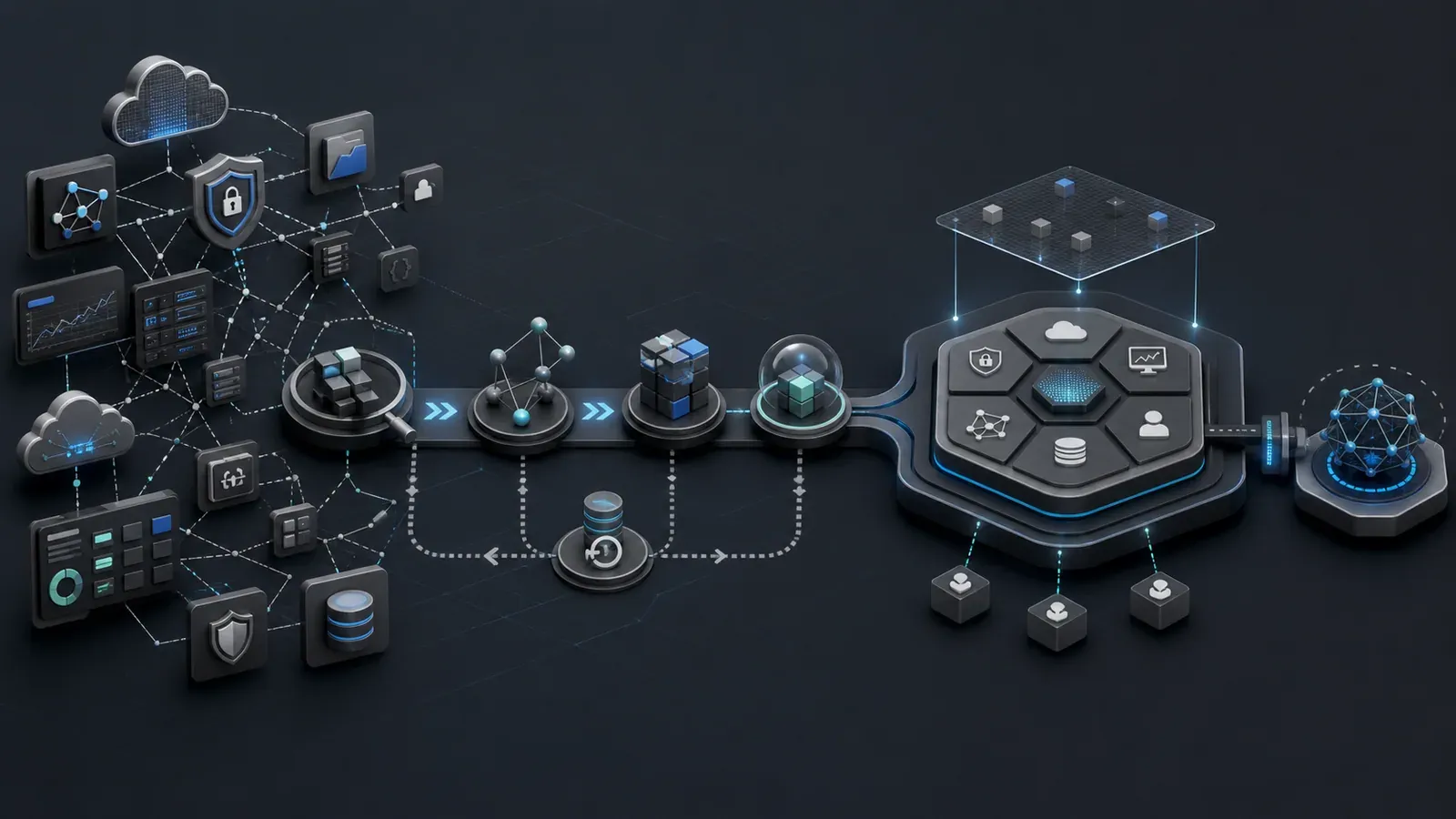 Isometric technology map showing fragmented cloud, security, monitoring, and SaaS tools moving through staged checkpoints into a governed platform with a separate specialist system