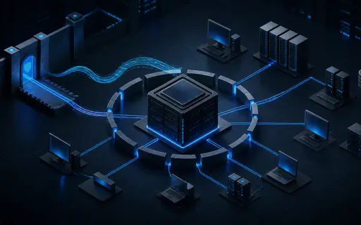 Isometric diagram of an authentication bypass reaching a central RMM server and branching toward managed endpoints behind a closing isolation ring