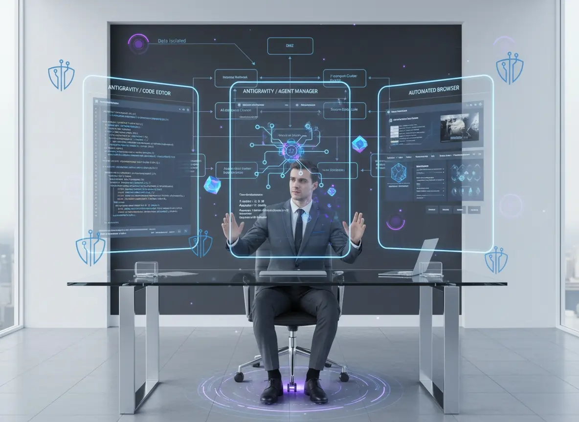 Enterprise developer using Google Antigravity agentic IDE with three-panel holographic interface showing agent manager, code editor, and automated browser testing in secure corporate development environment with network security controls