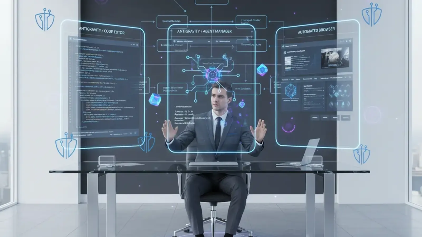 Enterprise developer using Google Antigravity agentic IDE with three-panel holographic interface showing agent manager, code editor, and automated browser testing in secure corporate development environment with network security controls
