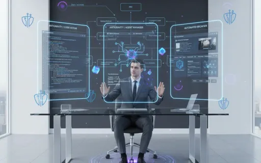 Enterprise developer using Google Antigravity agentic IDE with three-panel holographic interface showing agent manager, code editor, and automated browser testing in secure corporate development environment with network security controls