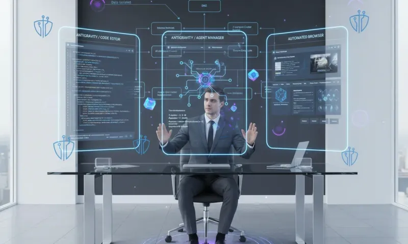 Enterprise developer using Google Antigravity agentic IDE with three-panel holographic interface showing agent manager, code editor, and automated browser testing in secure corporate development environment with network security controls