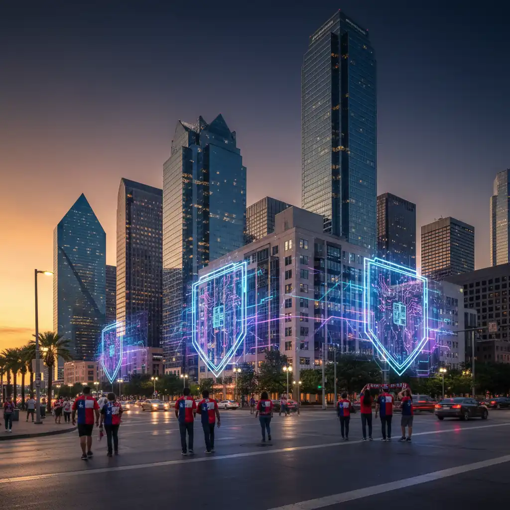 Dallas downtown business district at dusk with digital cybersecurity shield overlay protecting buildings as soccer fans walk by