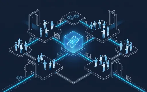 Conceptual isometric illustration of open collaborative knowledge sharing across an IT support team with no silos