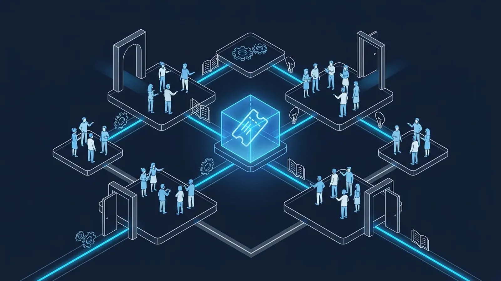 Conceptual isometric illustration of open collaborative knowledge sharing across an IT support team with no silos