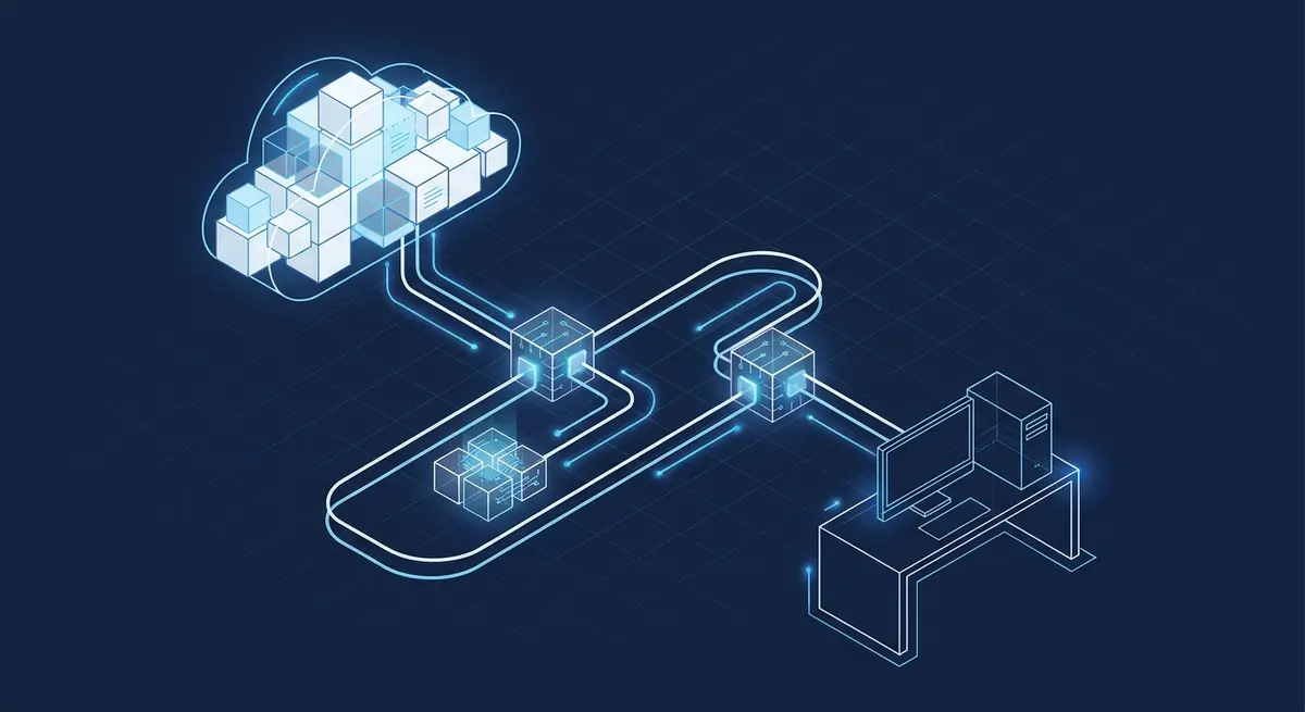 Isometric infographic diagram showing a software package distribution pipeline flowing from cloud repository through transformation nodes into a local workstation