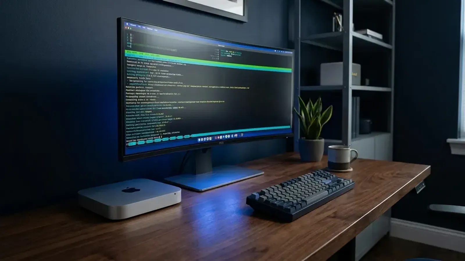 Modern Apple Silicon Mac mini developer workstation with terminal window on an ultrawide monitor showing Homebrew package manager output, dark editorial lighting with subtle blue screen glow.