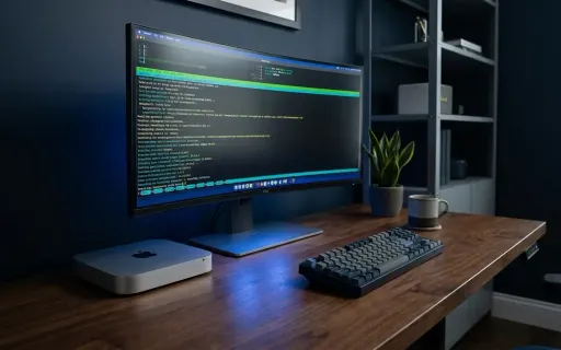 Modern Apple Silicon Mac mini developer workstation with terminal window on an ultrawide monitor showing Homebrew package manager output, dark editorial lighting with subtle blue screen glow.
