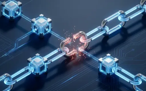 Isometric chain of network nodes representing a managed IT supply chain with one central link fractured and glowing as a single point of compromise