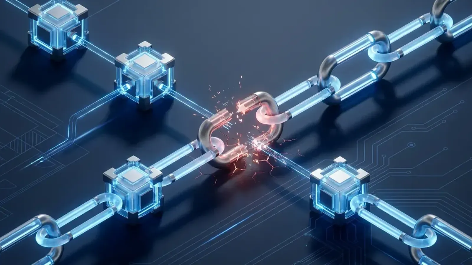 Isometric chain of network nodes representing a managed IT supply chain with one central link fractured and glowing as a single point of compromise