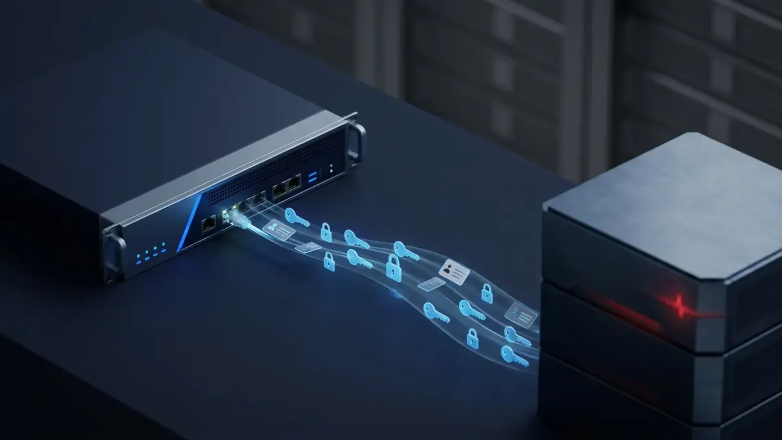 Conceptual illustration of credentials leaking from an internet-facing FortiGate firewall into an attacker-controlled database