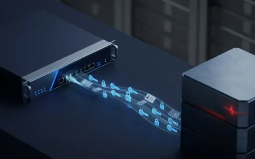 Conceptual illustration of credentials leaking from an internet-facing FortiGate firewall into an attacker-controlled database