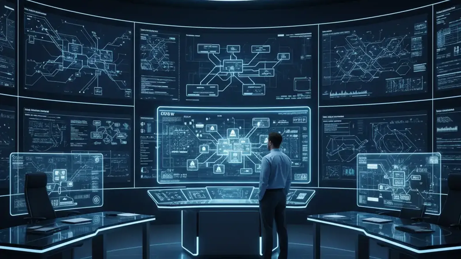 Enterprise security operations center with professionals reviewing AI agent monitoring dashboards and network topology visualizations