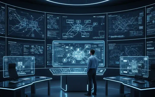 Enterprise security operations center with professionals reviewing AI agent monitoring dashboards and network topology visualizations
