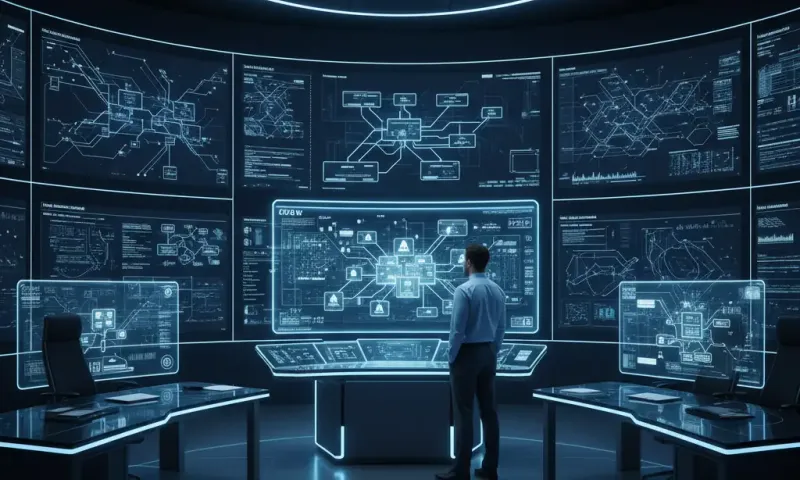 Enterprise security operations center with professionals reviewing AI agent monitoring dashboards and network topology visualizations