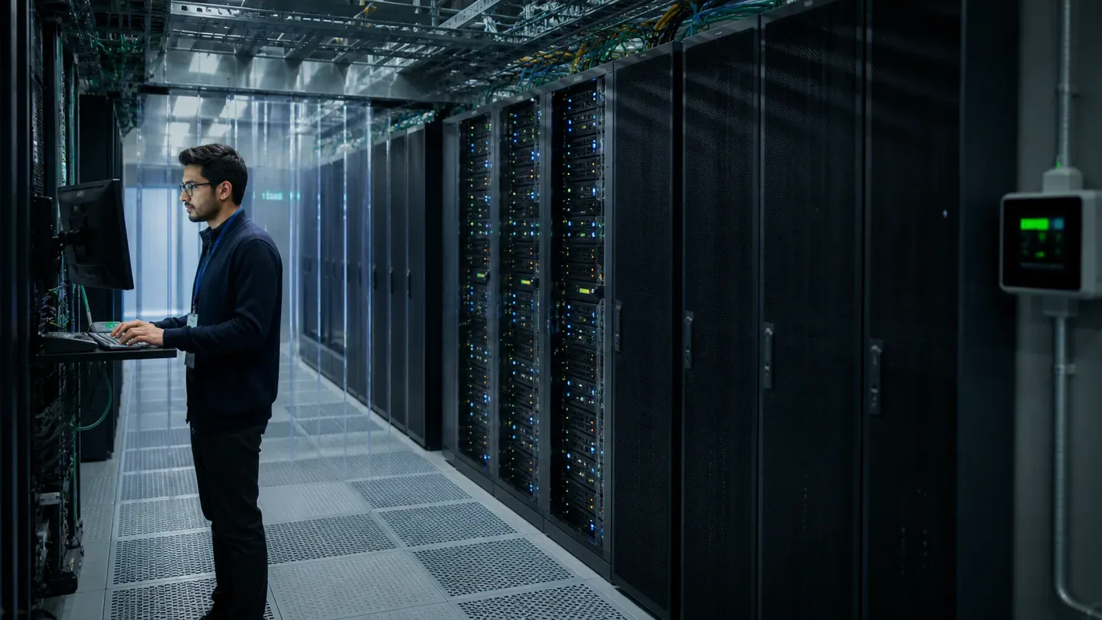 An engineer works beside illuminated and dark server racks in a data center aisle