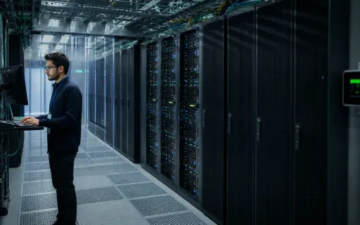 An engineer works beside illuminated and dark server racks in a data center aisle