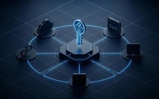 Isometric blueprint of an identity-centric security perimeter with cloud, SaaS, OAuth, and endpoint nodes connected to a central identity hub