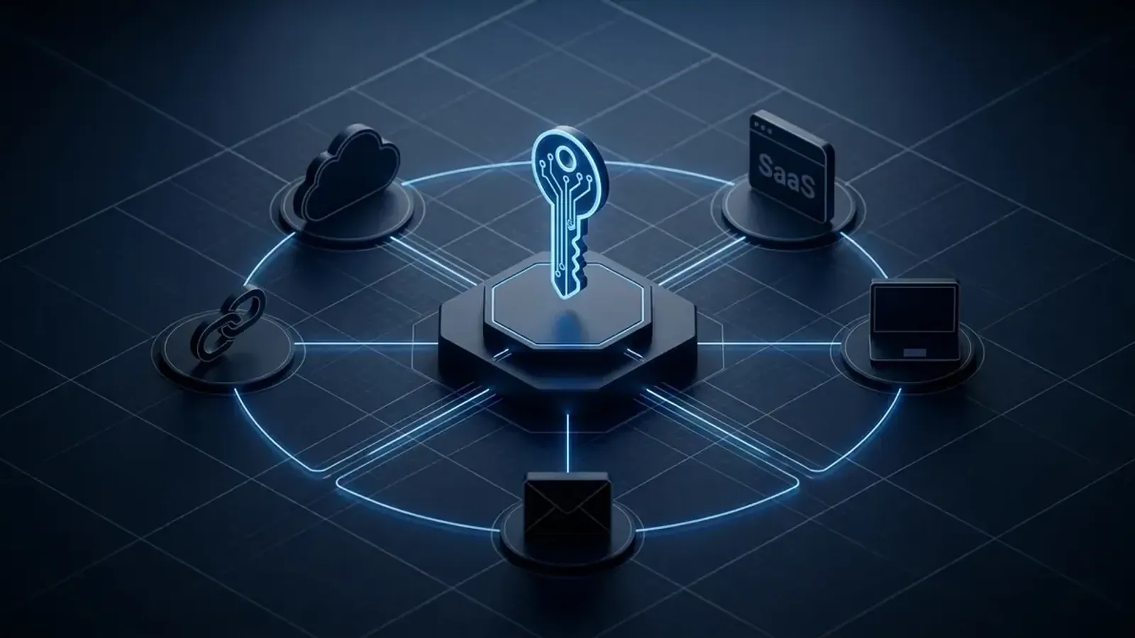 Isometric blueprint of an identity-centric security perimeter with cloud, SaaS, OAuth, and endpoint nodes connected to a central identity hub