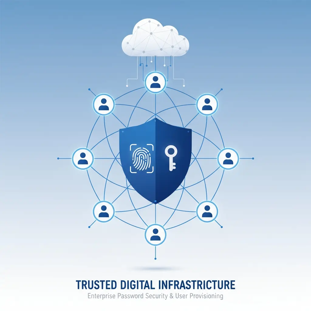Conceptual illustration of enterprise password security showing interconnected user profiles around a central shield icon, representing systematic 1Password Business deployment with SSO integration and automated user provisioning across an organization.