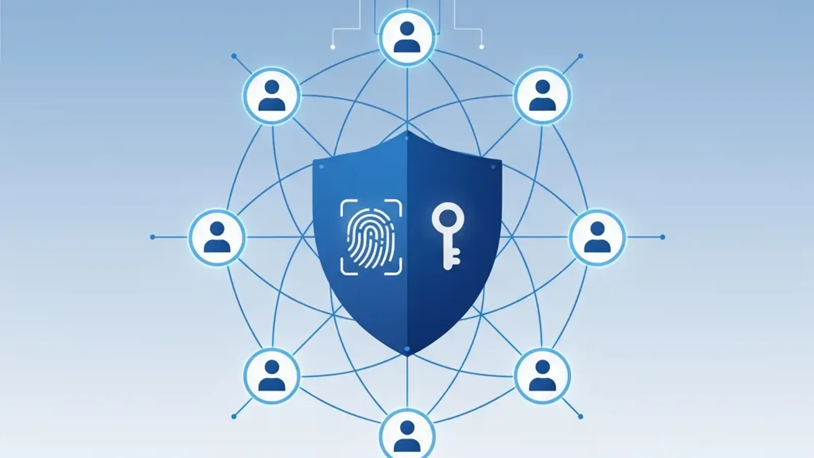 Conceptual illustration of enterprise password security showing interconnected user profiles around a central shield icon, representing systematic 1Password Business deployment with SSO integration and automated user provisioning across an organization.