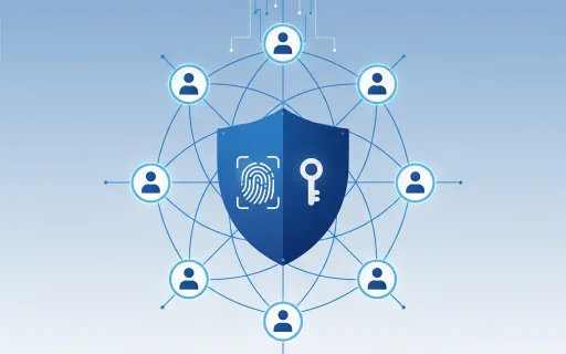 Conceptual illustration of enterprise password security showing interconnected user profiles around a central shield icon, representing systematic 1Password Business deployment with SSO integration and automated user provisioning across an organization.